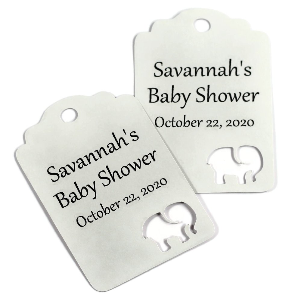 Personalized Baby Shower Thank You Tags with Elephant Cut Out, Set of 12 (Light Grey)