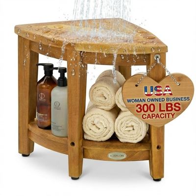 EcoDecors Corner Teak Shower Bench with Shelf  16 x 18" Height- Teak Shower Stool with Shelf, Waterproof, 350lb Capacity Non-Slip | for Inside Shower | Tool-Free Assembly | Aging in Place