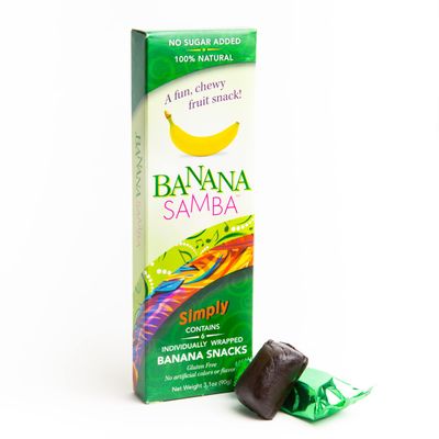 Banana Samba Simply (no sugar added) natural fruit snack chewy banana bites 6 individually wrapped snacks per box (Total wt. 3.1 oz)