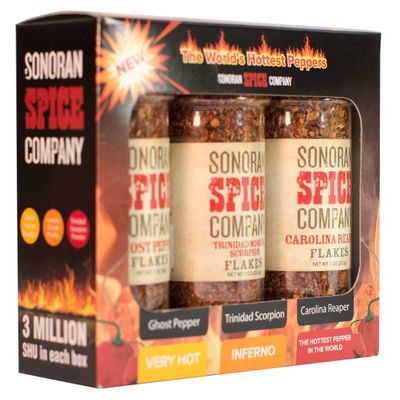 Sonoran Spice Carolina Reaper, Trinidad Scorpion, Ghost Pepper 1 Oz Flakes Gift Box
