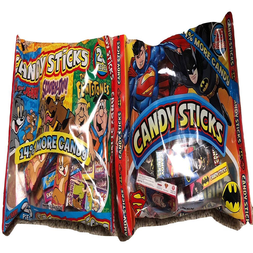 Candy Sticks Candy For Kids; Classroom Gifts; Snack Pack Bundle, Party Favors, Treats, Lunchbox; Individually Boxed Candy Sticks; Batman, Spiderman, Flintstones,Scooby-doo,Tom & Jerry