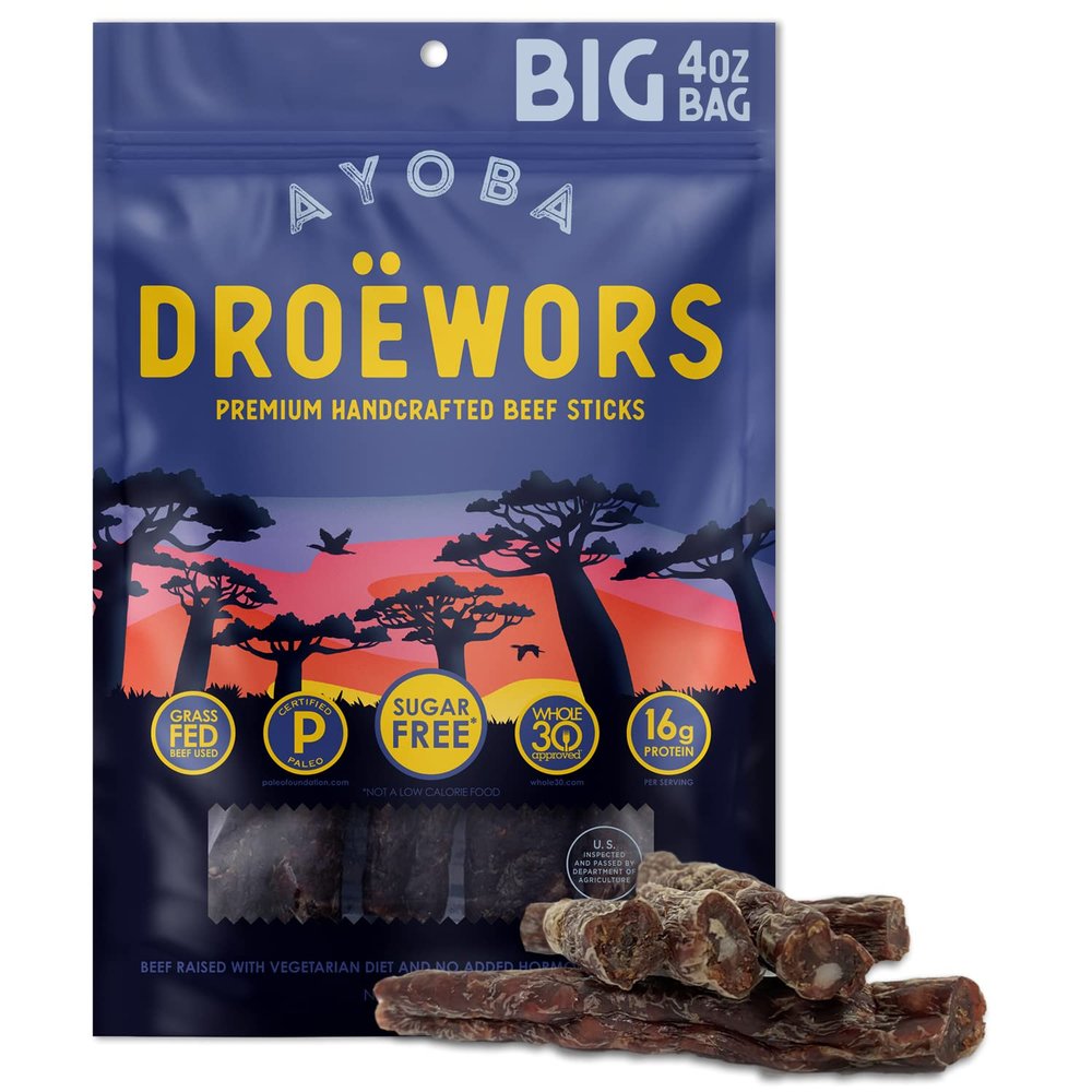 Ayoba Traditional Droewors Grass Fed Beef Paleo Sticks (4 Ounce, Pack of 1) - Keto Friendly, Air-Dried Beef Protein Snacks - Low Carb, Gluten Free, Nitrate Free, No Sugar, Meat Snacks