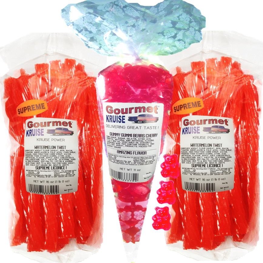 Watermelon Licorice Twist 2-1lb Bags (1) Red Cherry Gummi Gummy Bears 11OZ (NET WT 43 OZ) Gourmet Kruise Signature Gifts