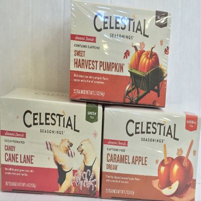 Celestial Seasonings Holiday Bundle 60 Bags, 1) Caramel Apple Dream 2) Candy Cane Lane 3) Sweet Harvest Pumkin