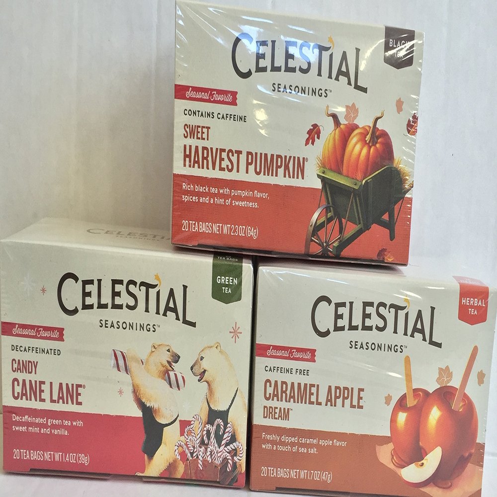 Celestial Seasonings Holiday Bundle 60 Bags, 1) Caramel Apple Dream 2) Candy Cane Lane 3) Sweet Harvest Pumkin
