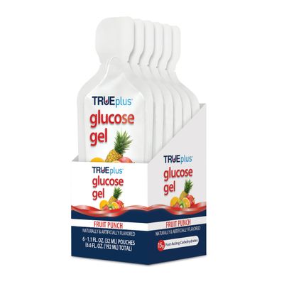 TRUEplus Glucose Gel Pouch, Fruit Punch Flavor, 15g Fast-Acting Carbohydrates Per Serving, Fat Free, Gluten Free, Raise Low Blood Sugar and Boost Energy, 6 Pack