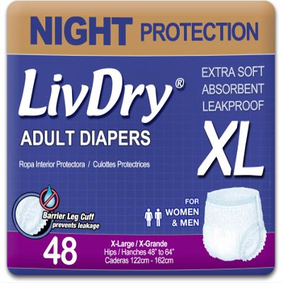 LivDry Adult XL Incontinence Underwear, Overnight Comfort Absorbency, Leak Protection, X-Large, 48-Pack