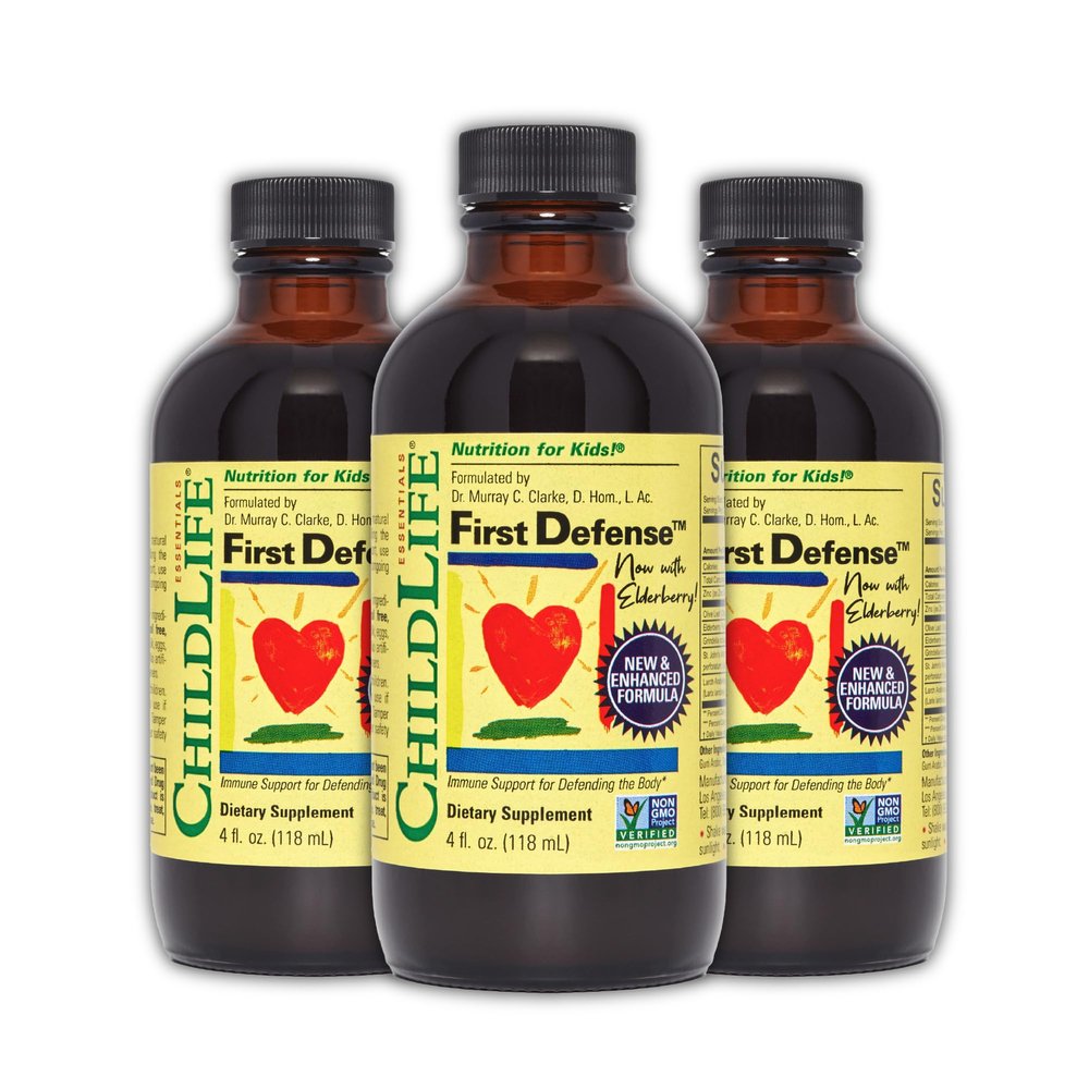 CHILDLIFE ESSENTIALS First Defense - Kids Immune Support, Immune Support for Kids, Toddlers 1-3, Babies 6 Months+, Vitamin Syrup with Elderberry, Zinc, Non GMO, Gluten Free - 4 Fl Oz (Pack of 3)