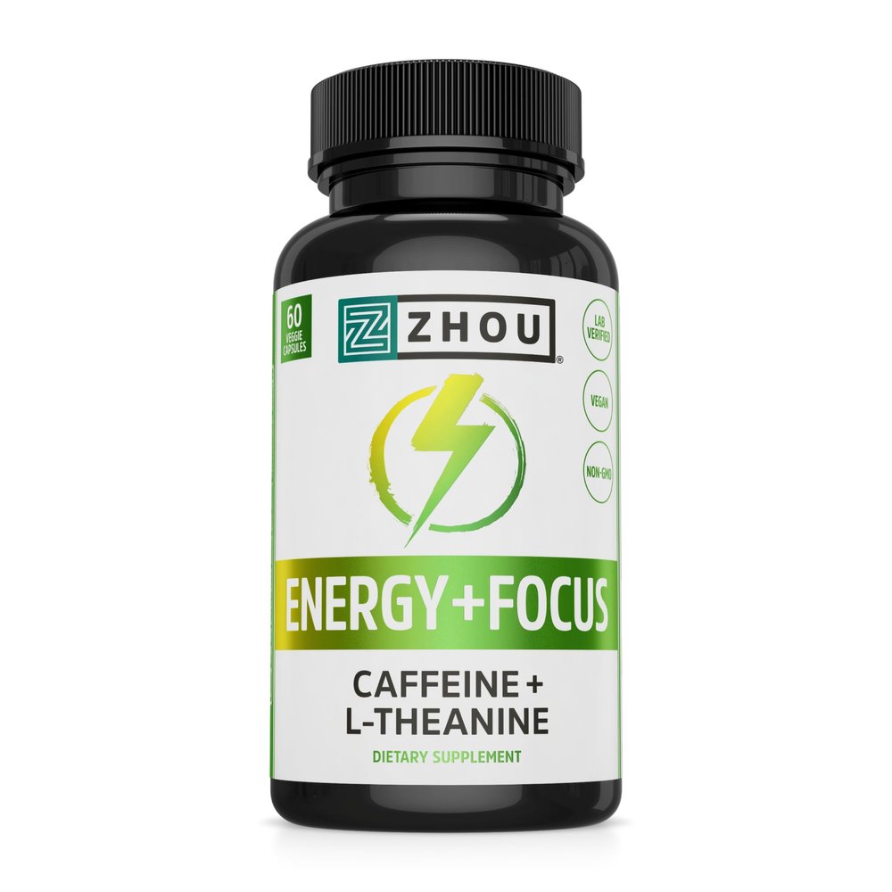 Zhou Energy + Focus - L Theanine Caffeine Pills, 200mg L-Theanine, 100mg Natural Anhydrous Caffeine Boost for Adults, Men & Women, Slow Extended Release - 60 Vegetarian Capsules (Pack of 1)