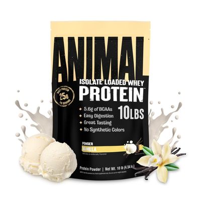Animal Whey Isolate Protein Powder - Loaded for Pre & Post Workout Muscle Builder and Recovery with Digestive Enzymes for Men & Women - 25g Protein, Great Taste, Low Sugar - Vanilla 10 lbs