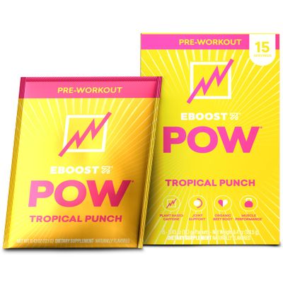 EBOOST POW Natural Pre Workout Powder - 15 Packets, Tropical Punch - Preworkout Energy Booster Gym Supplement Drink Mix for Men and Women - Performance, Joint Mobility Support - Gluten-Free