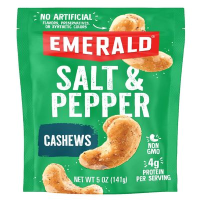 Emerald Nuts Salt and Pepper Seasoned Cashews (1-Pack) | 5 Oz Resealable Bag | Kosher Certified, Non-GMO, Contains No Artificial Preservatives, Flavors or Synthetic Colors
