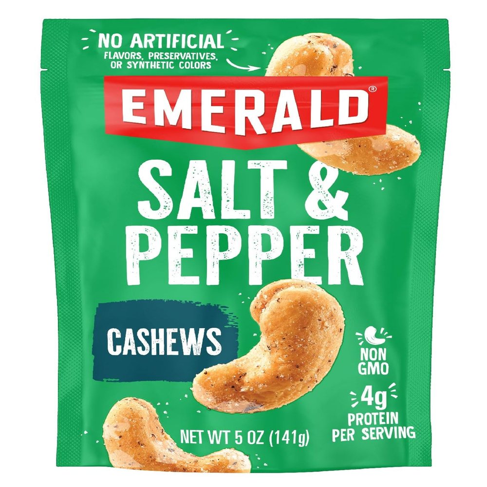 Emerald Nuts Salt and Pepper Seasoned Cashews (1-Pack) | 5 Oz Resealable Bag | Kosher Certified, Non-GMO, Contains No Artificial Preservatives, Flavors or Synthetic Colors