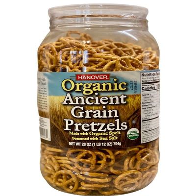 Hanover Organic Ancient Grain Spelt Sea Salt Pretzels Low Fat Cholesterol Trans Fat Free Party Snacks Resealable Container 28 oz Barrel