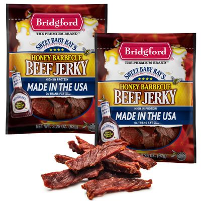 Bridgford Sweet Baby Ray's Beef Jerky Honey BBQ 3.25 oz Pack of 2 - High Protein Jerky for Midday Energy Boost or Post Workout Snack - Naturally Smoked Ready-to-Eat Meat Snacks for on the Go Snacking