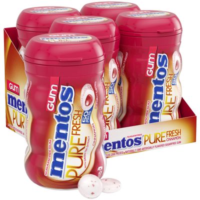 Mentos Pure Fresh Sugar Free Gum With Xylitol Sweetener, Cinnamon, 90% Recyclable Curvy Bottle, 50 Pieces per Bottle, 4 Pack
