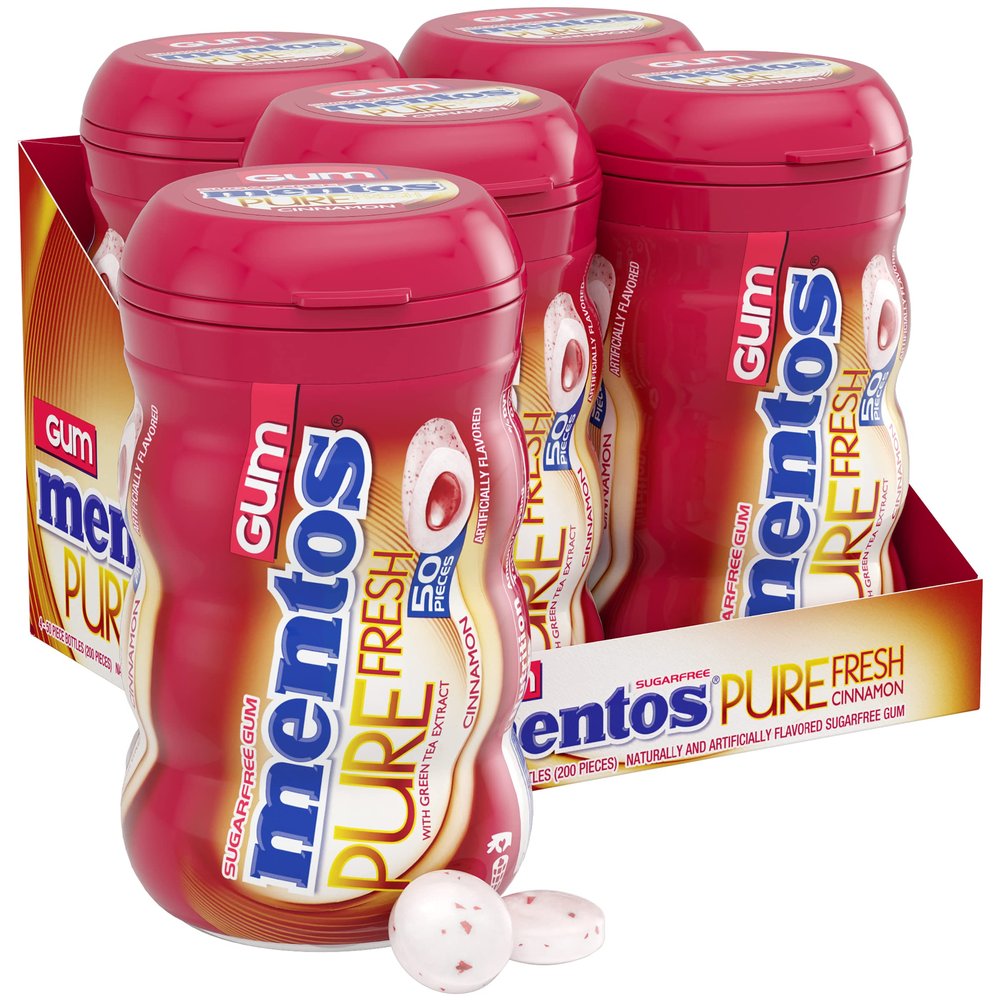 Mentos Pure Fresh Sugar Free Gum With Xylitol Sweetener, Cinnamon, 90% Recyclable Curvy Bottle, 50 Pieces per Bottle, 4 Pack