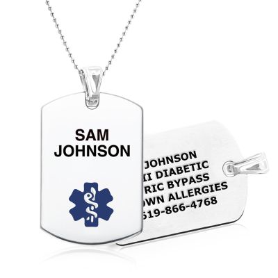 Divoti Custom Engraved Stainless Steel Medical Alert ID Necklace | Personalized Lobster Clasp with Ball chain | Stylish, Durable & Heavy Duty Construction | Comfortable Fit for Daily Wear  24/Blue