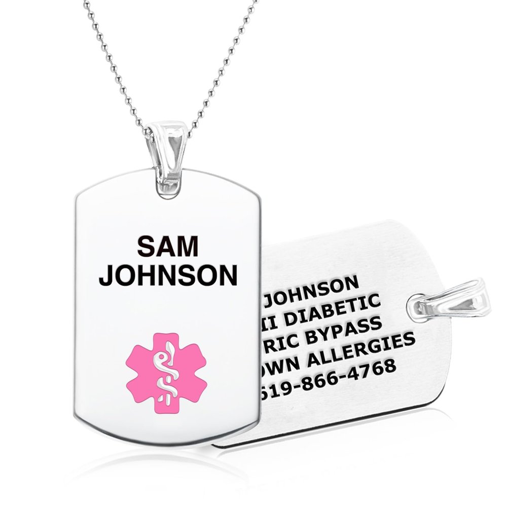 Divoti Custom Engraved Stainless Steel Medical Alert ID Necklace | Personalized Lobster Clasp with Ball chain | Stylish, Durable & Heavy Duty Construction | Comfortable Fit for Daily Wear  24/Pink