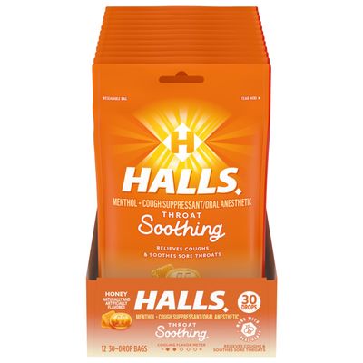 Halls Throat Soothing Honey Cough Drops, 12 Bags of 30 Drops (360 Total Drops)