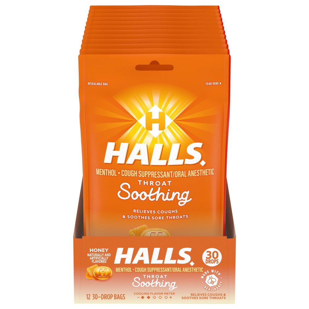 Halls Throat Soothing Honey Cough Drops, 12 Bags of 30 Drops (360 Total Drops)