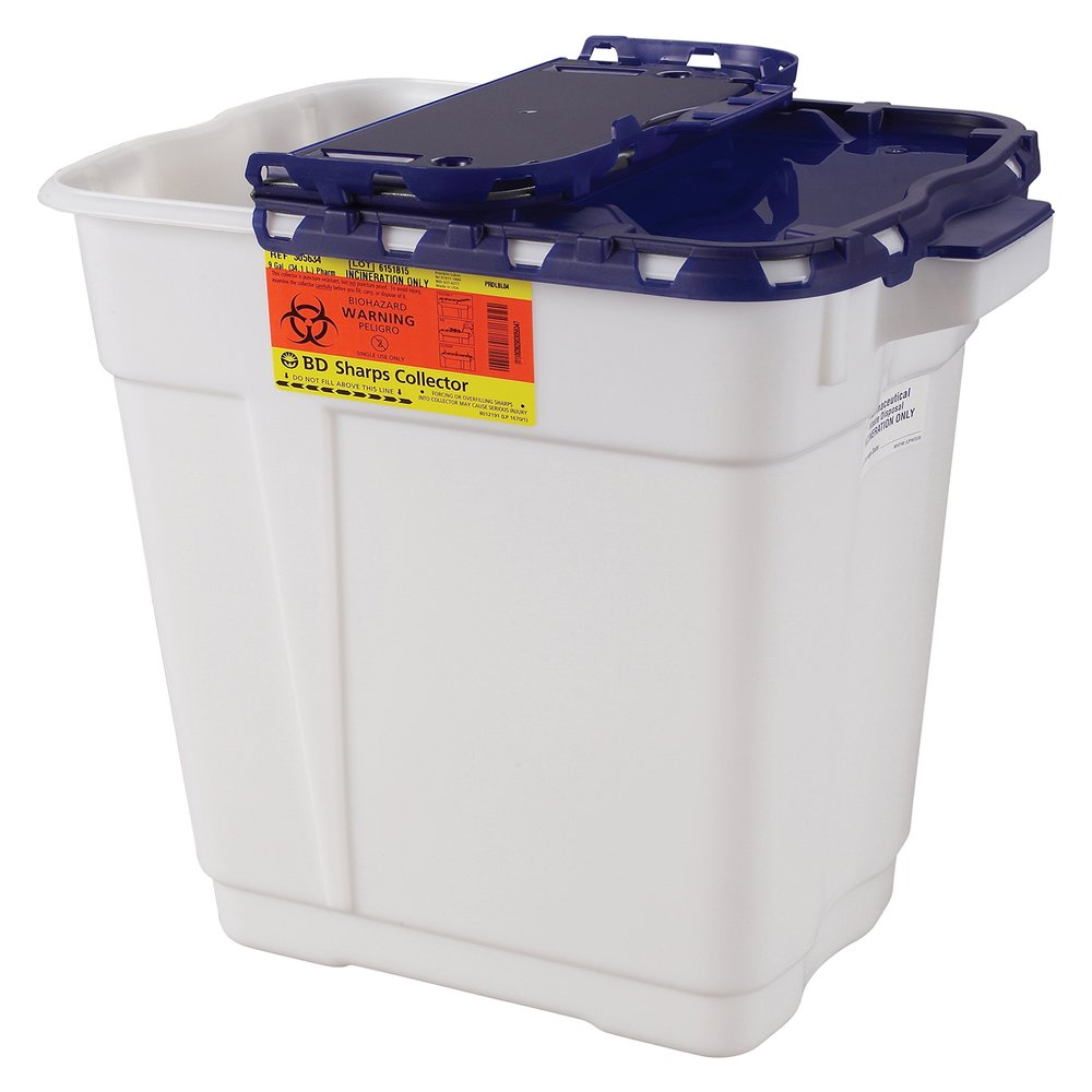 BD Medical Systems 305634 Multi-Use Sharps Collector, Hinged Top, Gasketed, 9 gal Capacity, 18.75" Height x 17.75" Width x 11.75" Depth, Blue/White (Pack of 8)