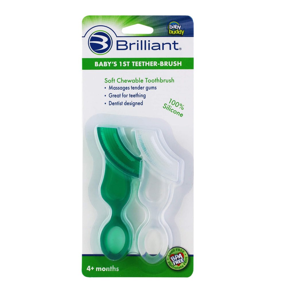 Brilliant Oral Care Babys First Toothbrush, Smooth Silicone Bristles Gently Clean Tender Teeth and Gums, for Ages 4+ Months, Green + Clear, 2 Pack