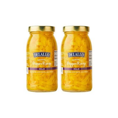 DeLallo Mild Banana Pepper Rings, 25.5 Ounce Jar, 2 Pack, Zesty Yellow Pickled Pepper Rings for Pizzas & Sandwiches, 100% Cured, Non-GMO, Vegan, Grown in USA