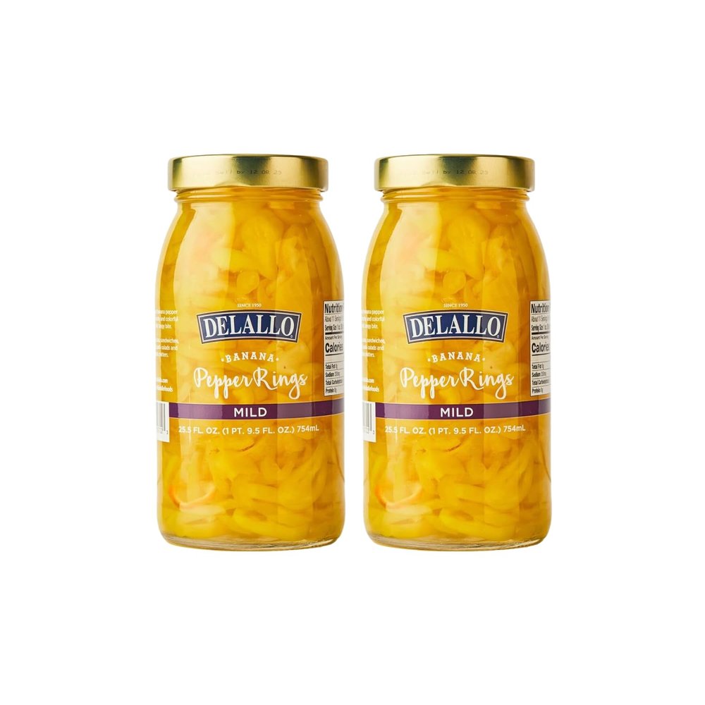 DeLallo Mild Banana Pepper Rings, 25.5 Ounce Jar, 2 Pack, Zesty Yellow Pickled Pepper Rings for Pizzas & Sandwiches, 100% Cured, Non-GMO, Vegan, Grown in USA