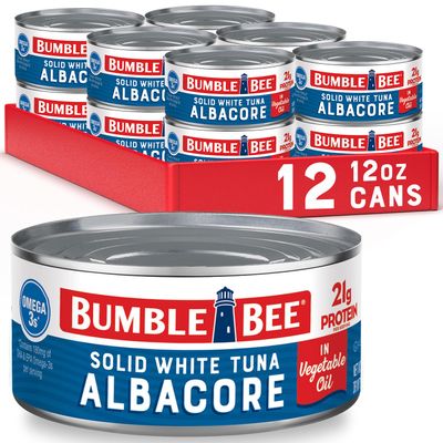 Bumble Bee Solid White Albacore Tuna in Oil, 12 oz Can (Pack of 12) - Wild Caught Tuna - 21g Protein per Serving, High in Omega-3s - Non-GMO Project Verified, Gluten Free, Kosher