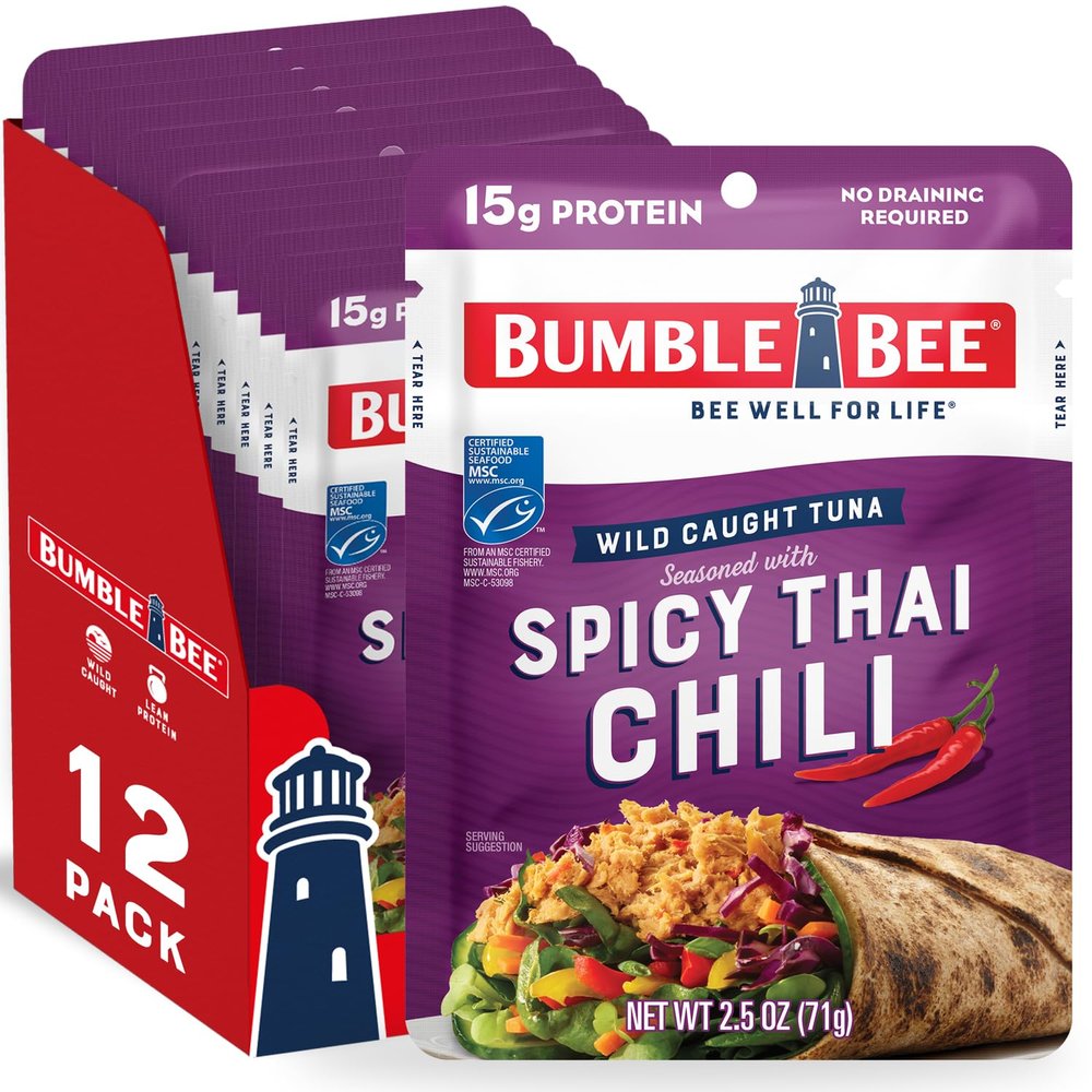 Bumble Bee Spicy Thai Chili Seasoned Tuna, 2.5 oz Pouches (Pack of 12) - Ready to Eat - Wild Caught Tuna Packet - 15g Protein per Serving - PERFECT, PORTABLE, GOODNESS