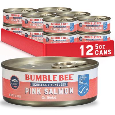 Bumble Bee Skinless & Boneless Canned Pink Salmon in Water, 5 oz Cans (Pack of 12) - Premium Wild Caught Salmon for Sandwiches & Recipes - 20g Protein per Serving - Gluten Free, Kosher, MSC Certified