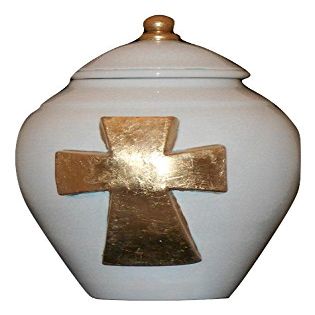White Urn with Gold Cross - Cremation Urn for Ashes - Hand Made Pottery