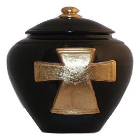 Black Urn with Gold Cross - Cremation Urn for Ashes - Hand Made Pottery