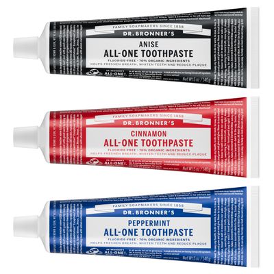 Dr. Bronners All-One Toothpaste 3-Pack Variety (Peppermint, Cinnamon, Anise, 5oz Each) 70% Organic Ingredients, SLS Free Toothpaste, Fluoride Free, Natural, Vegan, Gentle for Sensitive Teeth