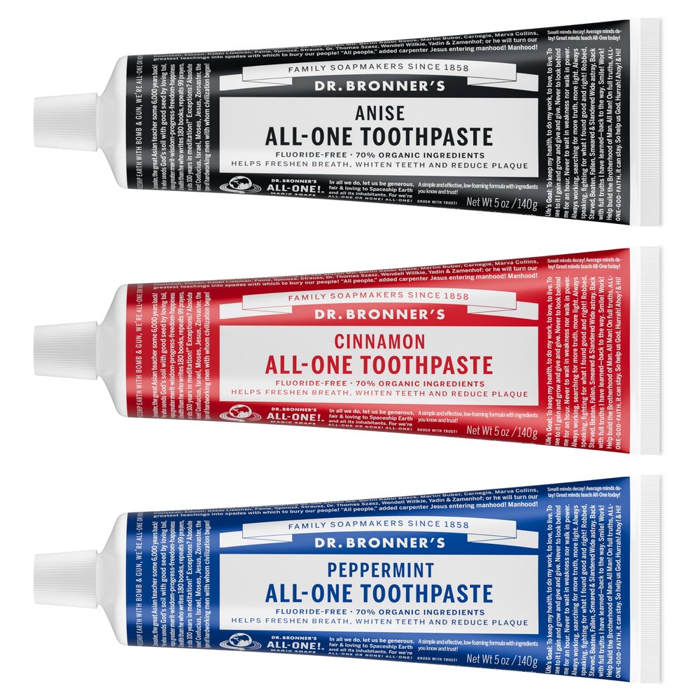 Dr. Bronners All-One Toothpaste 3-Pack Variety (Peppermint, Cinnamon, Anise, 5oz Each) 70% Organic Ingredients, SLS Free Toothpaste, Fluoride Free, Natural, Vegan, Gentle for Sensitive Teeth