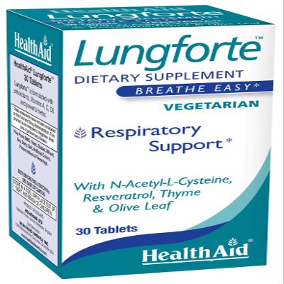 HealthAidLungForte 30 Tablets  Daily Antioxidant Lung Support with NAC, Resveratrol, Olive Leaf, Thyme & Vitamins A, C & D3  Vegetarian, NonGMO
