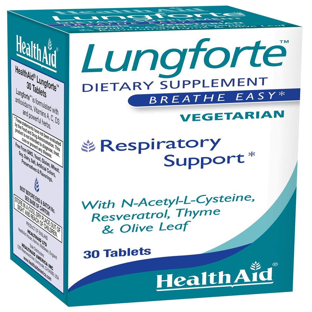HealthAidLungForte 30 Tablets  Daily Antioxidant Lung Support with NAC, Resveratrol, Olive Leaf, Thyme & Vitamins A, C & D3  Vegetarian, NonGMO