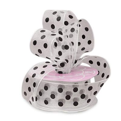 1 1/2" X 25 Yards White Sheer Black Polka Dot Wired Ribbon