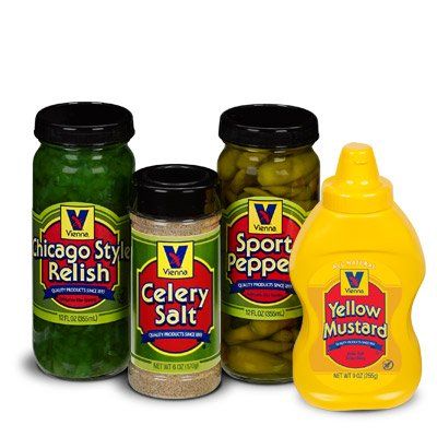 Vienna Chicago-Style Condiment Kit (1 Yellow Mustard, 1 Green Relish, 1 Jar Sport Peppers, 1 Celery Salt)