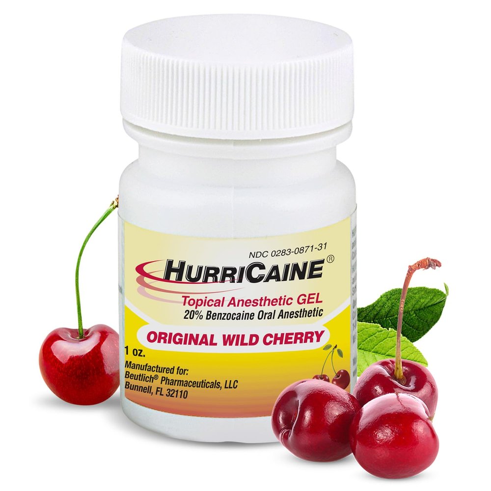HurriCaine Topical Anesthetic Gel 1oz  Fast-Acting 20% Benzocaine for Temporary Relief of Minor Mouth Irritation Caused by Canker Sores, Dental Procedures & More - OTC, Dye-Free Formula - Wild Cherry