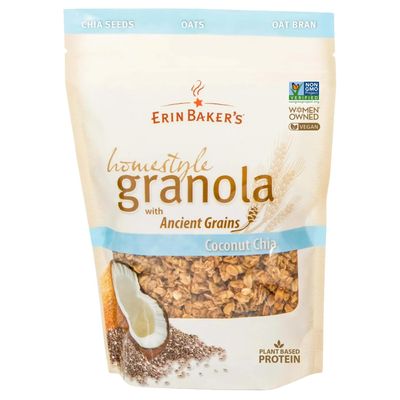 Erin Bakers Homestyle Coconut Chia Granola with Ancient Grains - Made from Natural Ingredients, Crunchy Texture, Versatile Snack or Cereal - Vegan Friendly, Non-GMO, Resealable 160oz Bag, 1Pack