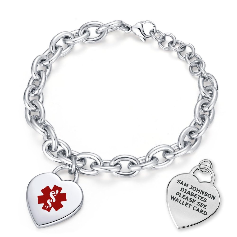 Divoti Custom Engraved Medical Alert ID Bracelet for Women | Heart Charm Medical ID Tag | Adjustable Curb Chain with Lobster Claw | Stainless Steel, Durable & Waterproof | Fits Wrists 8.5"  Red