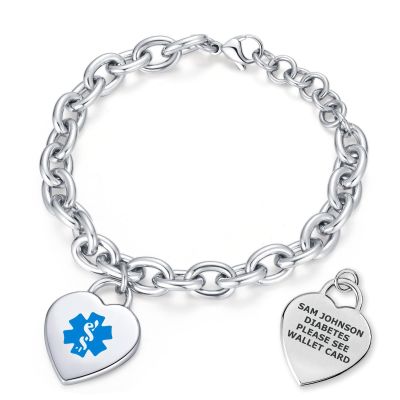 Divoti Custom Engraved Medical Alert ID Bracelet for Women | Heart Charm Medical ID Tag | Adjustable Curb Chain with Lobster Claw | Stainless Steel, Durable & Waterproof | Fits Wrists 8.5"  Blue
