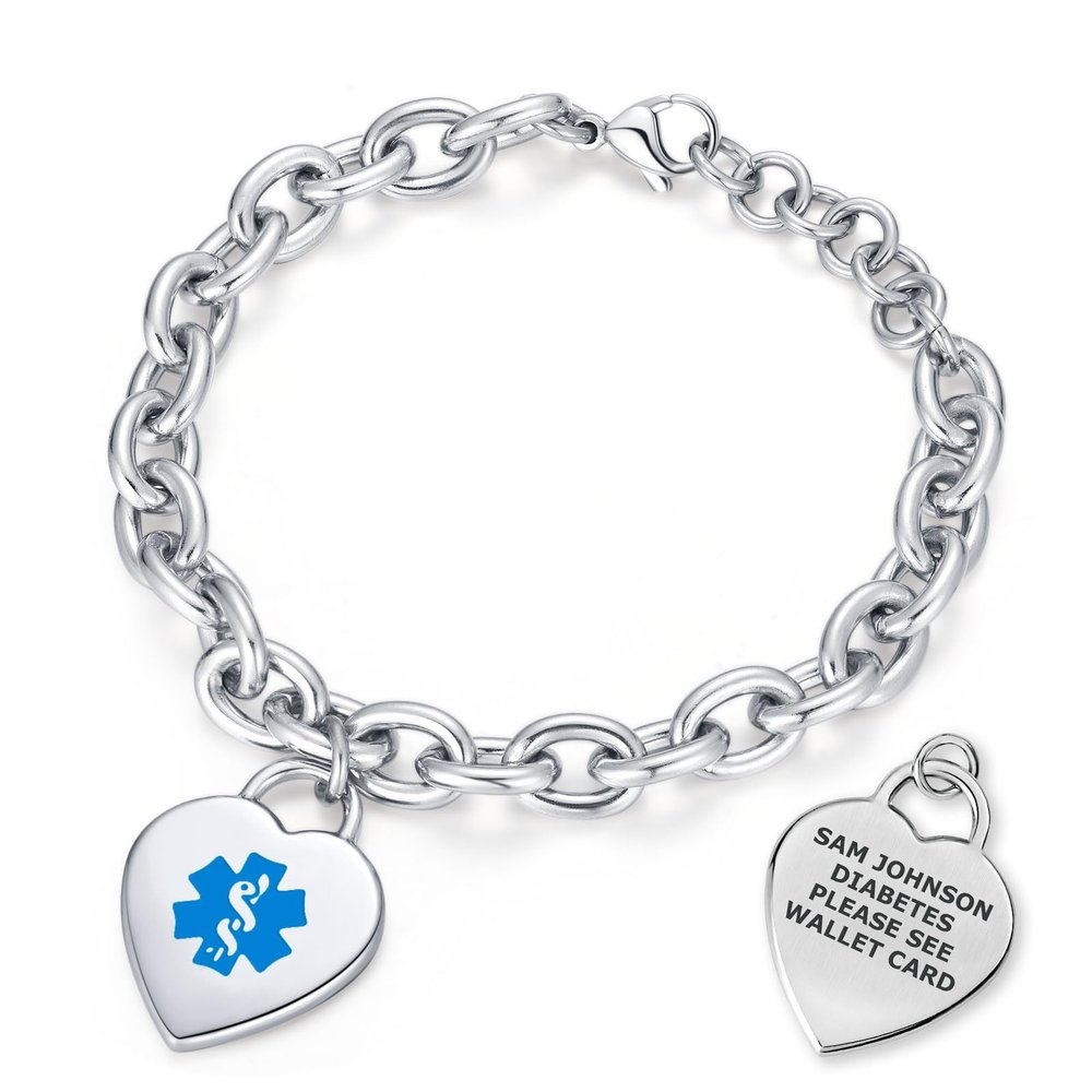 Divoti Custom Engraved Medical Alert ID Bracelet for Women | Heart Charm Medical ID Tag | Adjustable Curb Chain with Lobster Claw | Stainless Steel, Durable & Waterproof | Fits Wrists 8.5"  Blue