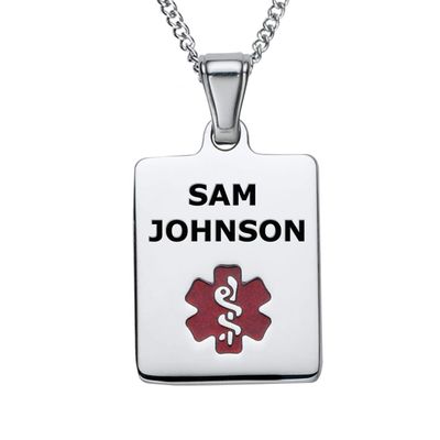Divoti Deep Custom Laser Engraved Stainless Steel Medical Alert Necklace for Women, Sleek Tag Medical ID Necklace, Medical Pendant Tag w/Free Engraving -24/28" Curb Chain -TP Red