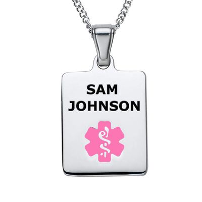 Divoti Deep Custom Laser Engraved Stainless Steel Medical Alert Necklace for Women, Sleek Tag Medical ID Necklace, Medical Pendant Tag w/Free Engraving -24/28" Curb Chain -Pink