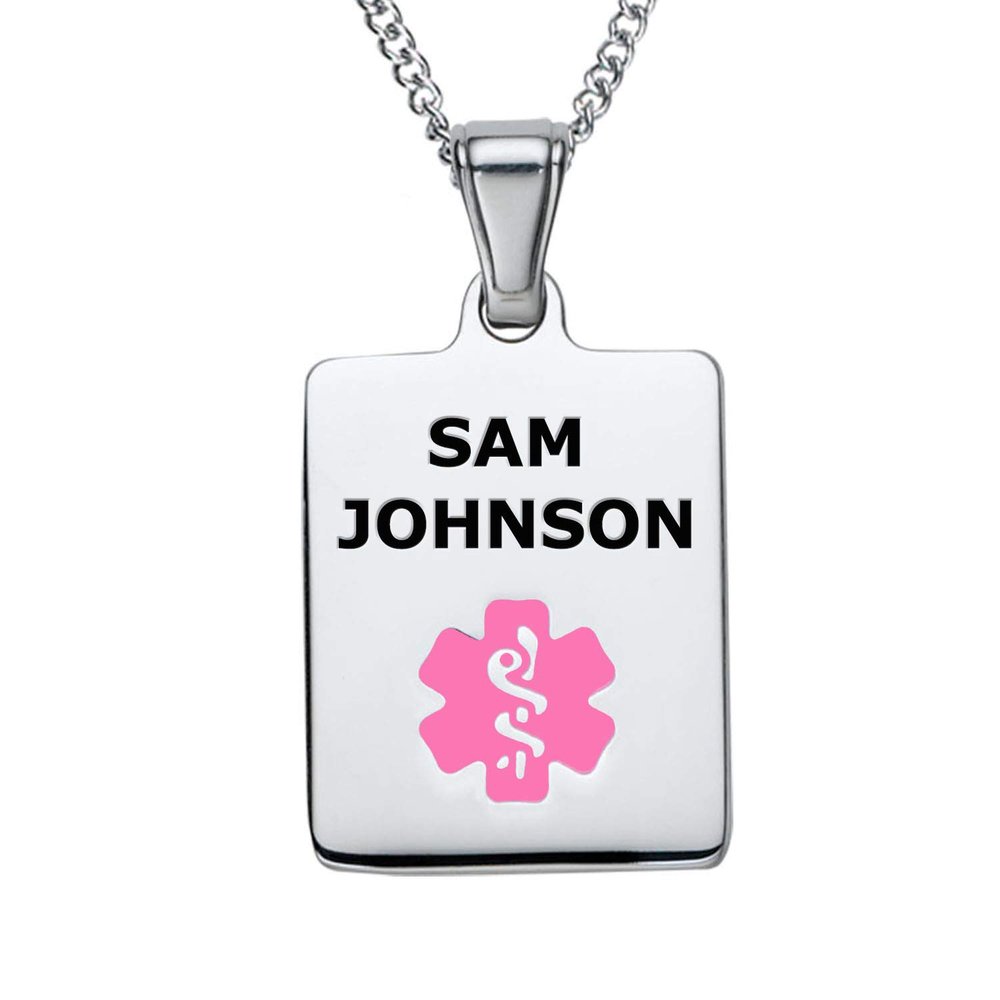 Divoti Deep Custom Laser Engraved Stainless Steel Medical Alert Necklace for Women, Sleek Tag Medical ID Necklace, Medical Pendant Tag w/Free Engraving -24/28" Curb Chain -Pink