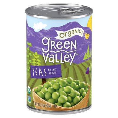 Green Valley Organics Peas | Certified Organic | Non-GMO Project Verified | Deliciously Succulent | 15 ounce can (Pack of 12)