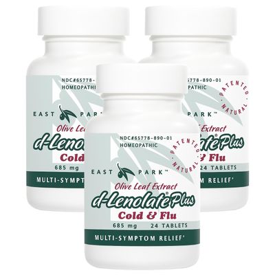 EAST PARK d-Lenolate Plus Cold & Flu Homeopathic Remedy for Adults & Kids | Immune System Booster with Olive Leaf Extract, Neem Leaf Extract & Echinacea | 625mg, 24 Tablets | Non-GMO (Pack of 3)